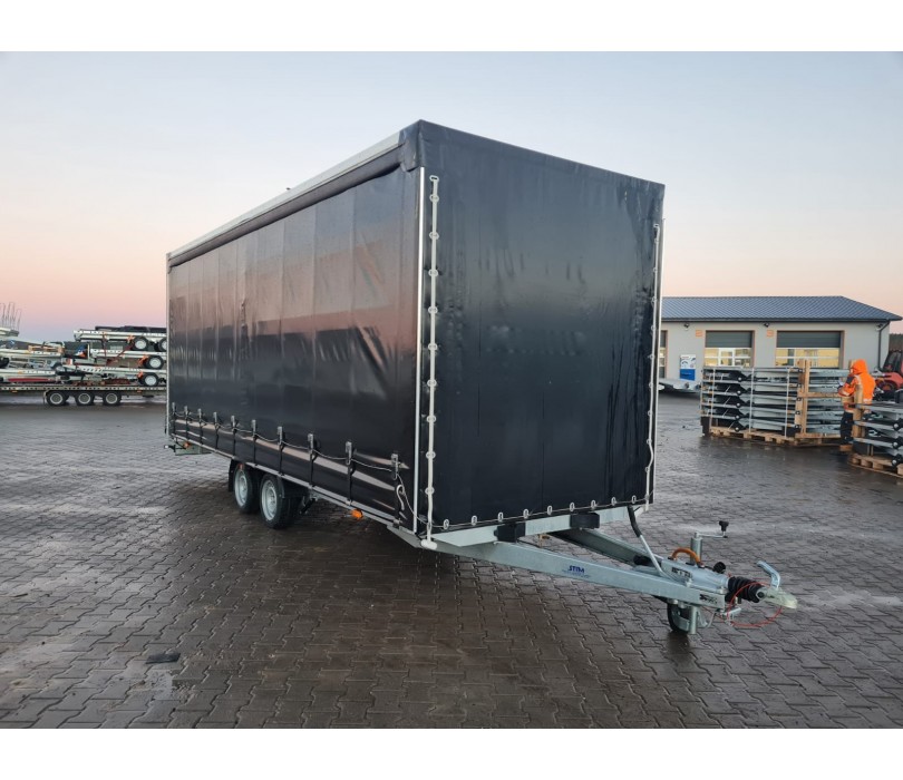 Remorque porte-voitures 620 x 210 x 240 cm avec rideaux coulissants sur 2 côtés, poids total autorisé en charge jusqu’à 3 500 kg, transporteur universel